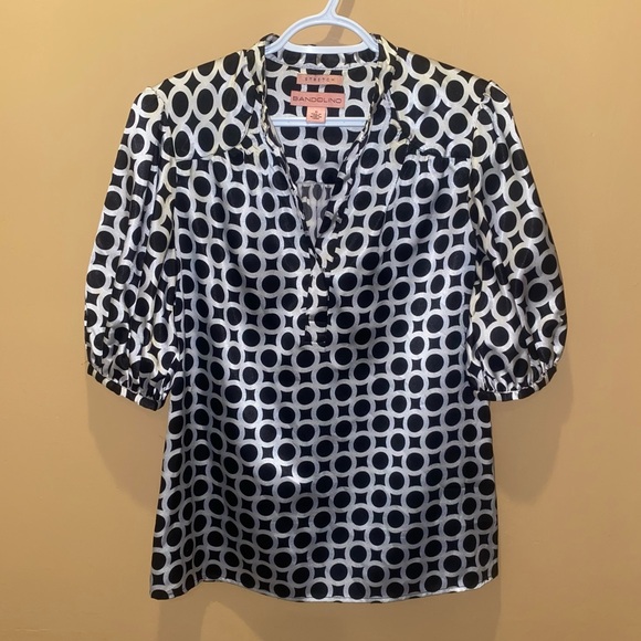 BANDOLINO Geometric Circle Design Black White Silk Blouse Top Shirt - Picture 3 of 7
